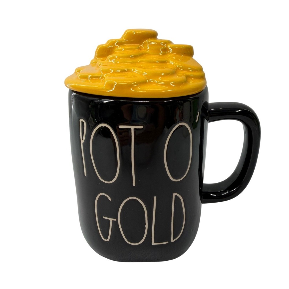 Rae Dunn Pot O Gold Mug with Gold Coin Lid St Patricks Day Black Ceramic Cup